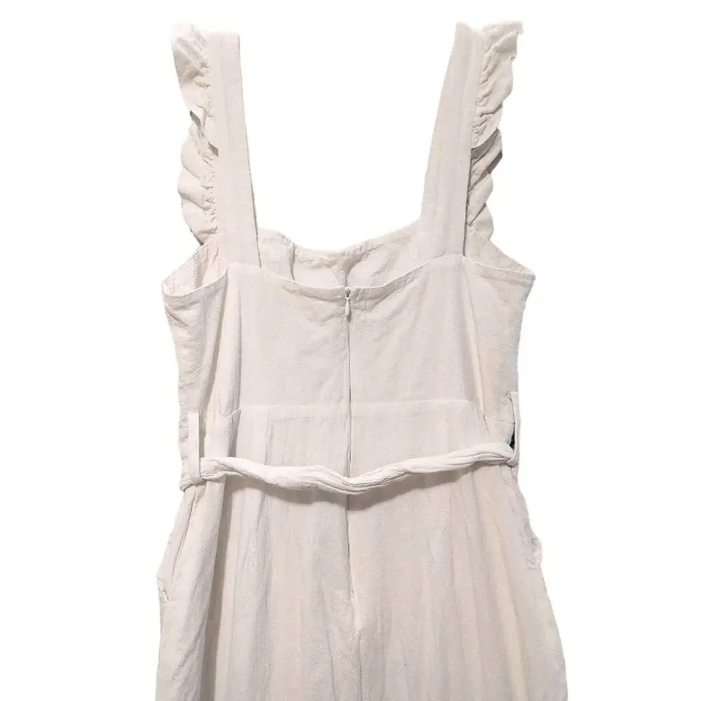 Saint + Secrets Linen Ruffle Apron Front Jumpsuit Tie Waist Soft White Womens L